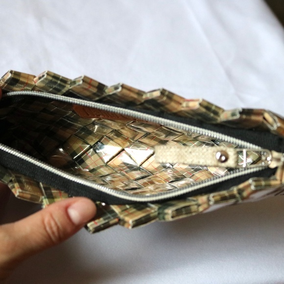 Nahui Ollin Small Plaid Clutch Bag Purse Beige Black Red Recycled Candy Wrapper - Picture 7 of 7